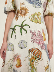 Printed Round Neck Puff Sleeve Dress