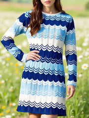 Openwork Wave Pattern Long Sleeve Sweater Dress
