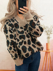Leopard V-Neck Drop Shoulder Sweater