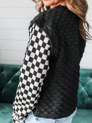 Textured Contrast Checkered Patchwork Long Sleeve Top