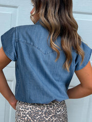 Ruffled Short Sleeve Denim Shirt