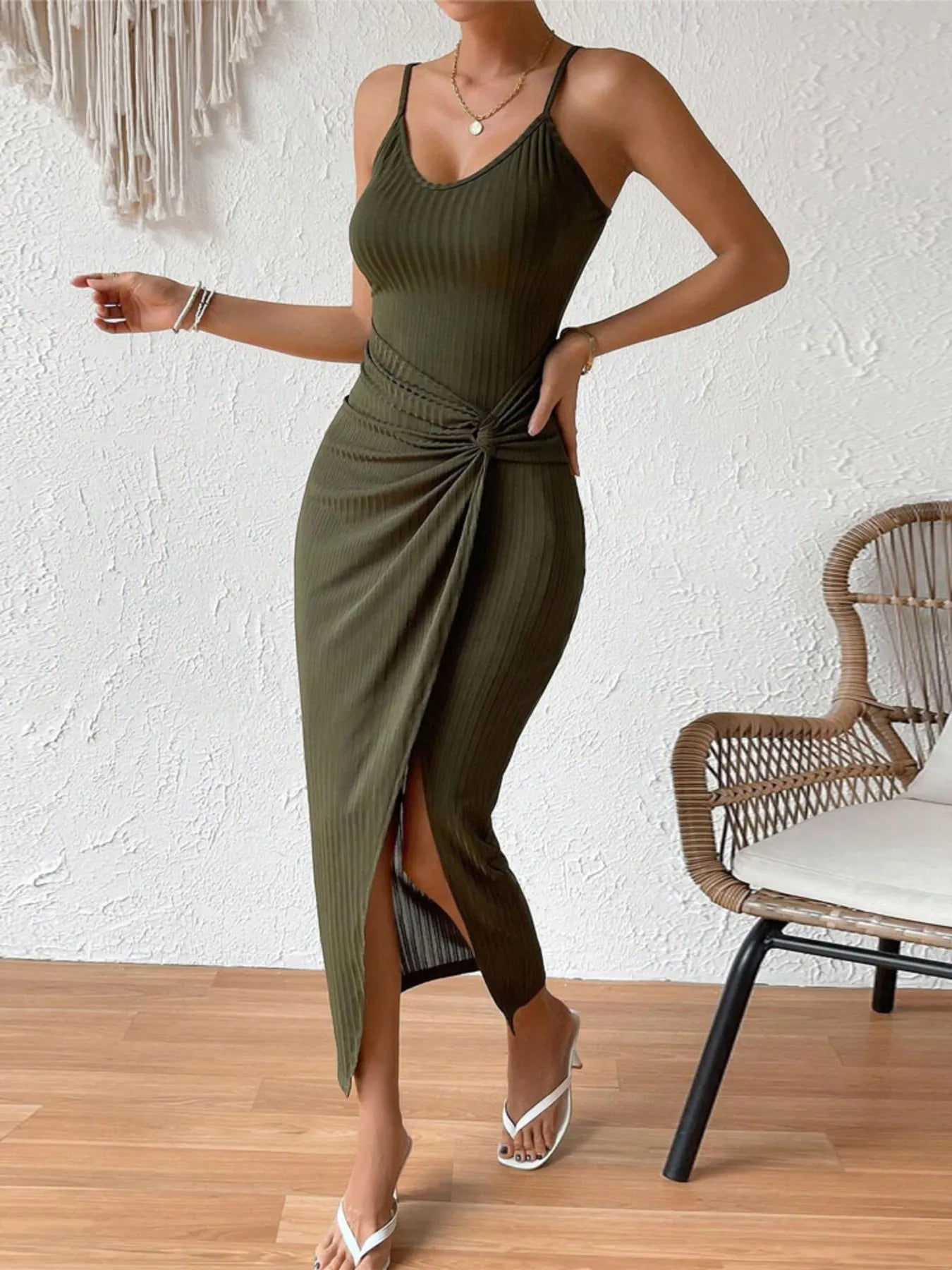 Ribbed Wrap Midi Dress with Side Slit