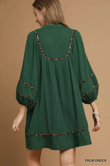 Umgee Textured Babydoll Dress with Leopard Trim