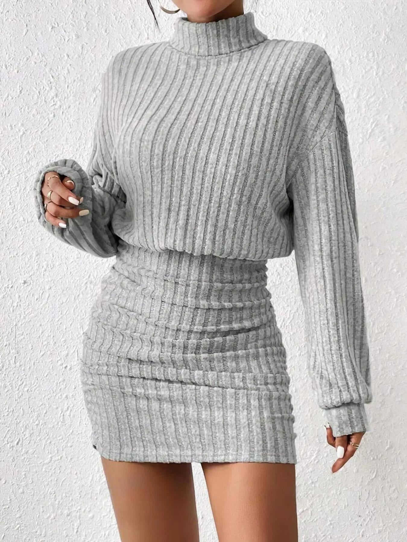 Ribbed Turtleneck Long Sleeve Sweater Dress
