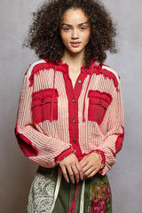 POL Texture Woven Button Down Hooded Shirt with Drawstring Hem