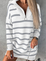 Striped O-ring Zip Collared Loose Sweater Mini Dress