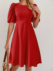 Round Neck Puff Sleeve A-Line Dress