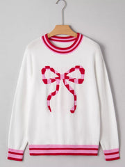 Striped Trim Bow Graphic Round Neck Drop Shoulder Sweater