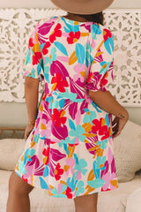 Floral Bubble Sleeve V Neck Tiered Ruffle Babydoll Dress