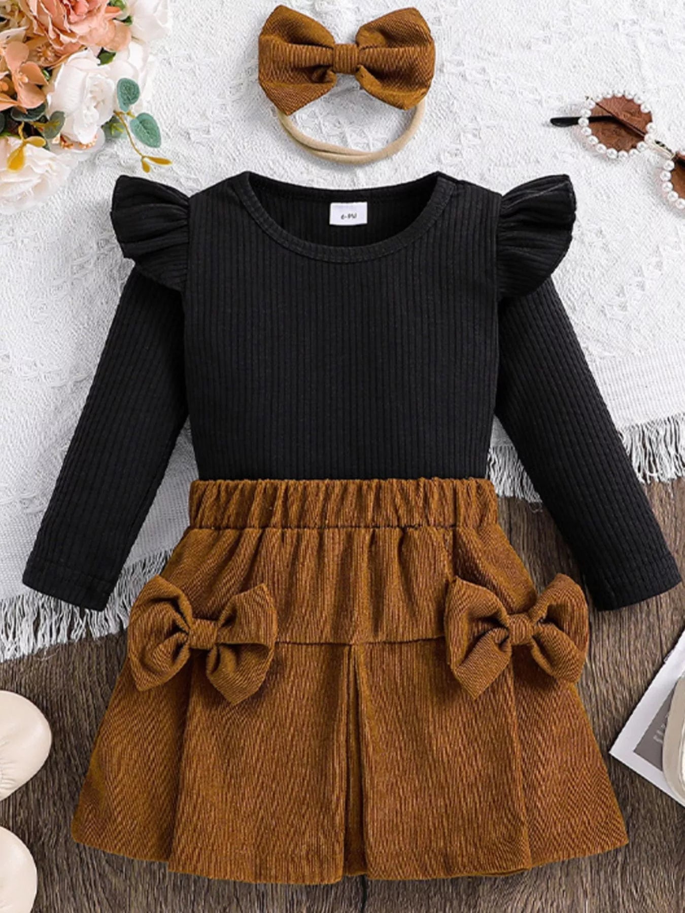 Children's Ribbed Top and Bow Skirt Set with Headband