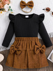 Children's Ribbed Top and Bow Skirt Set with Headband