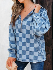 Checkered Half Zip Denim Hoodie Top