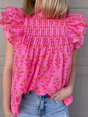 Floral Print Pleated Ruffled Flutter Sleeve Blouse