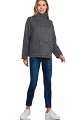 Zenana Fleece Washed High Neck Kangaroo Pocket Sweatshirt
