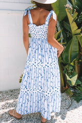 Floral Smocked Tied Straps A-Lined Tiered Dress