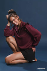 Umgee Luxeknit Ruffle Shoulder Quarter-Zip Sweatshirt