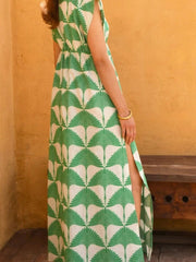 Slit Printed V-Neck Cap Sleeve Maxi Dress