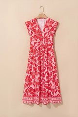 Floral Ruffled V-Neck Midi Dress with Button Front