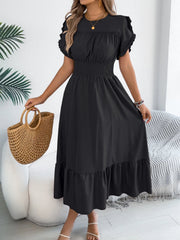 Smocked Frill Round Neck Midi Dress