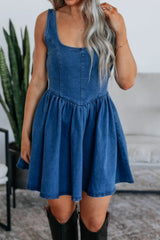 V-Back Bow Tie Denim Skater Dress