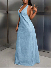 Backless Halter Neck Maxi Denim Dress