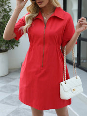 Zip-Front Short Sleeve Shirt Dress