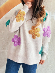 Sequin Flower Round Neck Long Sleeve Sweater