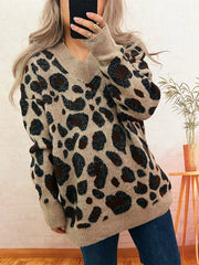 Leopard V-Neck Drop Shoulder Sweater