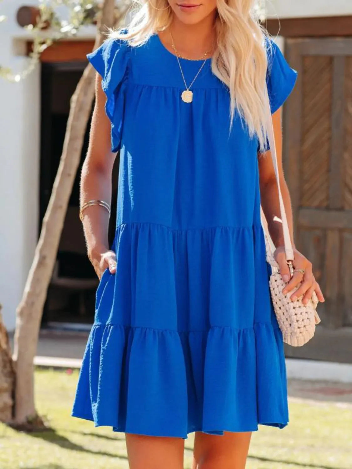 Ruffled Round Neck Cap Sleeve Mini Dress
