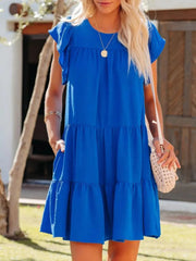 Ruffled Round Neck Cap Sleeve Mini Dress