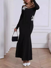 Mesh Panel Long Sleeve Maxi Dress