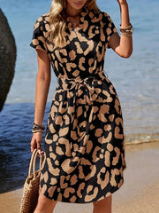 Leopard Notched Tie Waist Midi Dress