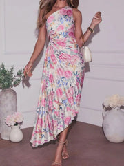Single Shoulder Floral Pleated Dress