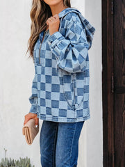Checkered Half Zip Denim Hoodie Top