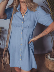 Denim Pleated Slim Waist Short Sleeve Shirt Dress