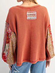 Waffle Knit Round Neck Dropped Shoulder Sweatshirt