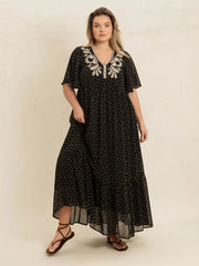 Plus Size Printed V-Neck Flutter Sleeve Maxi Dress