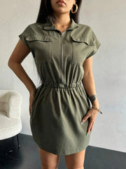 Zipper Front Short Sleeve Mini Dress