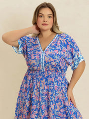 Plus Size Smocked Printed Half Sleeve Midi Dress