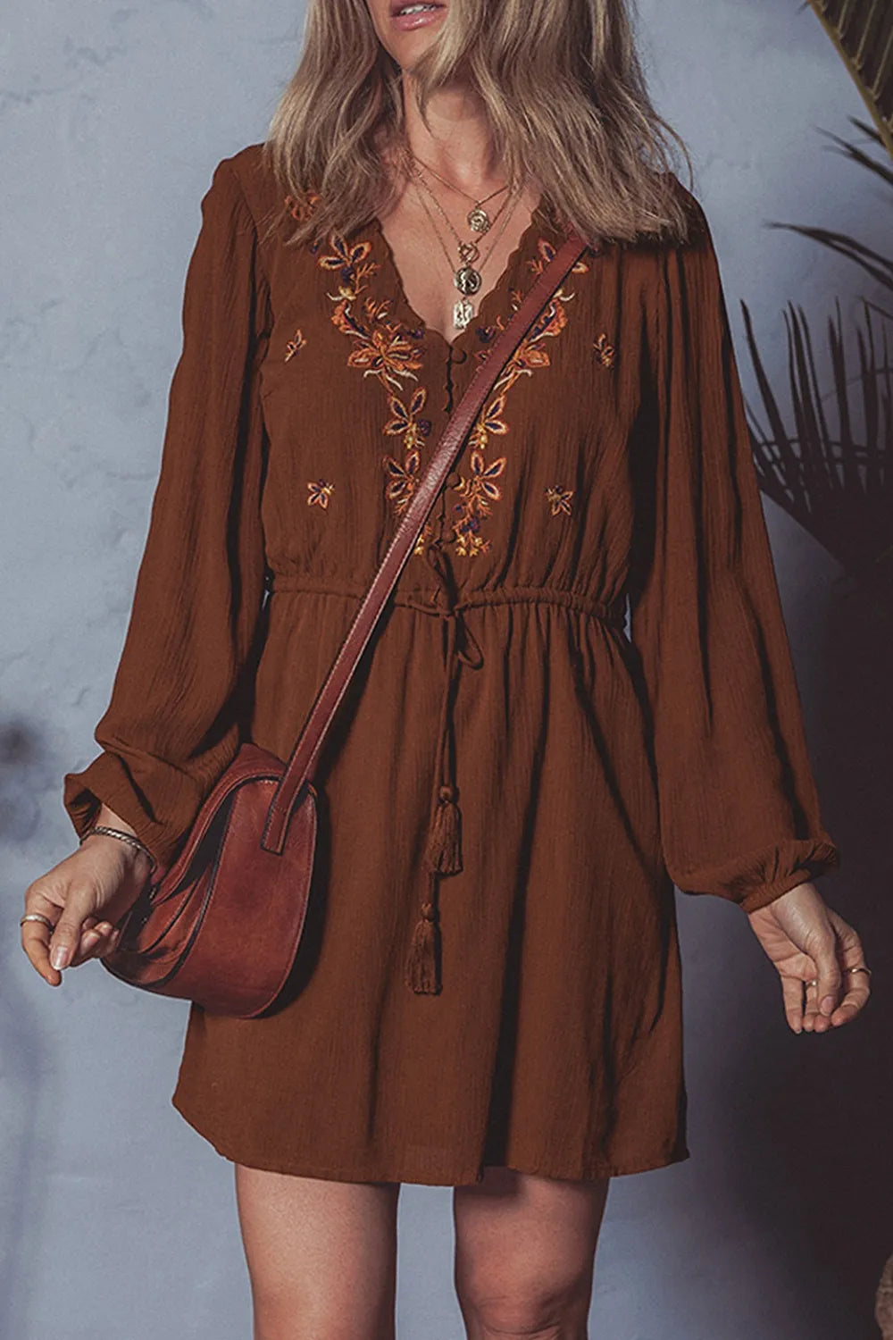 Floral Embroidered Long Sleeve Mini Dress