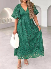 Lace V-Neck Midi Dress with Puff Sleeves