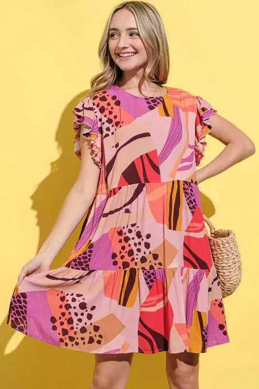 And The Why Printed Double Ruffles Sleeve Dress