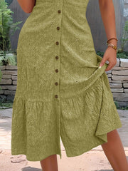 Eyelet Button Front V-Neck Midi Dress