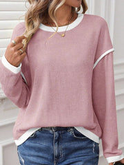Contrast Color Trim Knit Drop Shoulder Loose Top