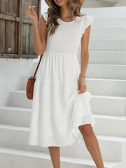Ruffled Round Neck Cap Sleeve Dress