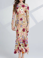Floral Embroidered Mesh Long Sleeve Midi Dress
