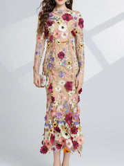 Floral Embroidered Mesh Long Sleeve Midi Dress