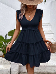 Ruffled V-Neck Cap Sleeve Dress