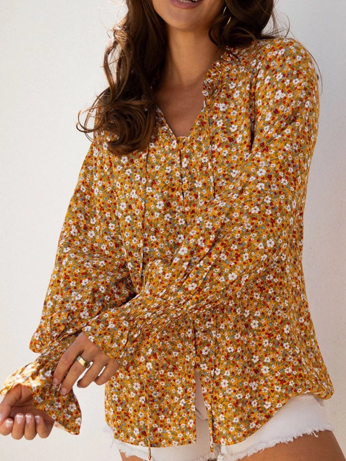 Floral Ruffled Bubble Sleeve Tie Neck Blouse