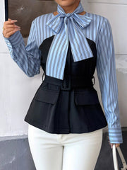 Striped Long Sleeve Blouse with Bow Tie